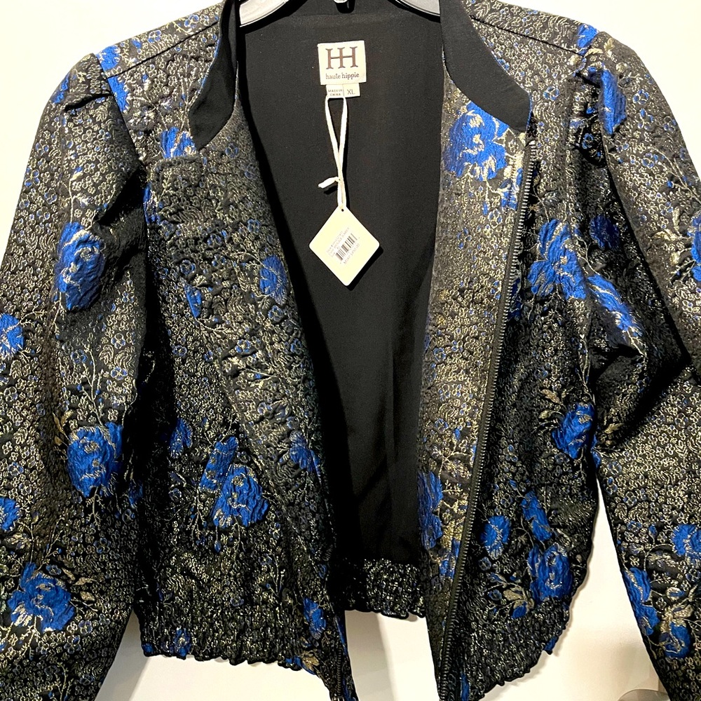 Haute Hippie Ruth Metallic Floral Brocade Bomber Jacket - size XL - Picture 8 of 11
